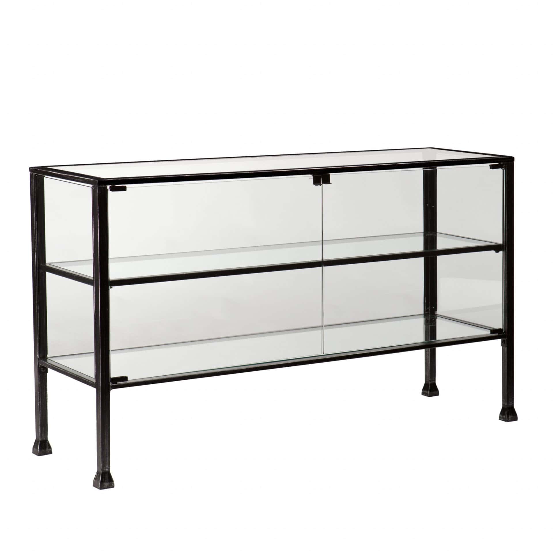 Rustic Black Glass Double Door Cabinet with Display Shelves 1 Rustic Black Glass Double Door Cabinet with Display Shelves