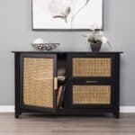 Black Cane Accent Storage Cabinet with Drawers and Shelves