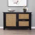 Black Cane Accent Storage Cabinet with Drawers and Shelves