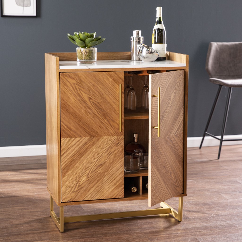Retro Gold Faux Marble Wine Cabinet with Storage and Glass Racks 7 Retro Gold Faux Marble Wine Cabinet with Storage and Glass Racks - Image 7