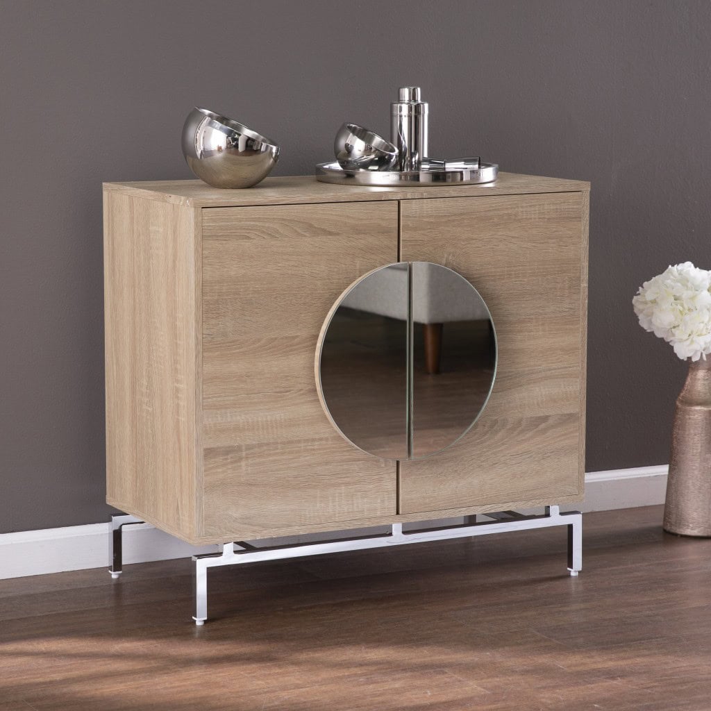 Natural and Chrome Mirrored Double Door Bar Cabinet 32 Inch 8 Natural and Chrome Mirrored Double Door Bar Cabinet 32 Inch - Image 8