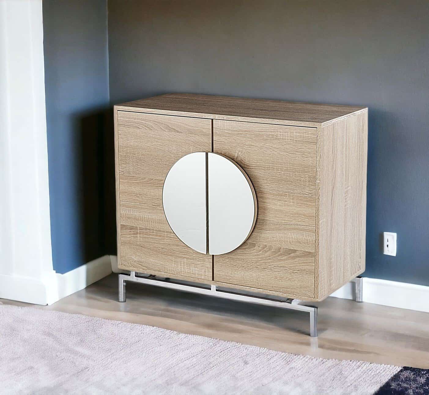 Natural and Chrome Mirrored Double Door Bar Cabinet 32 Inch 3 Natural and Chrome Mirrored Double Door Bar Cabinet 32 Inch - Image 3