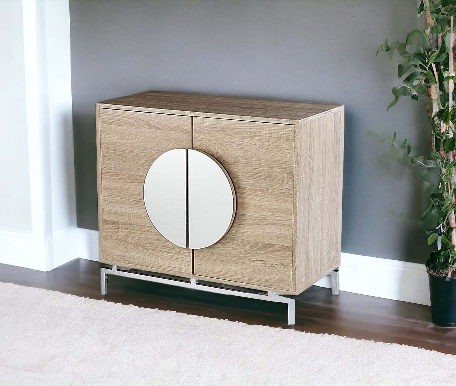 Natural and Chrome Mirrored Double Door Bar Cabinet 32 Inch 2 Natural and Chrome Mirrored Double Door Bar Cabinet 32 Inch - Image 2