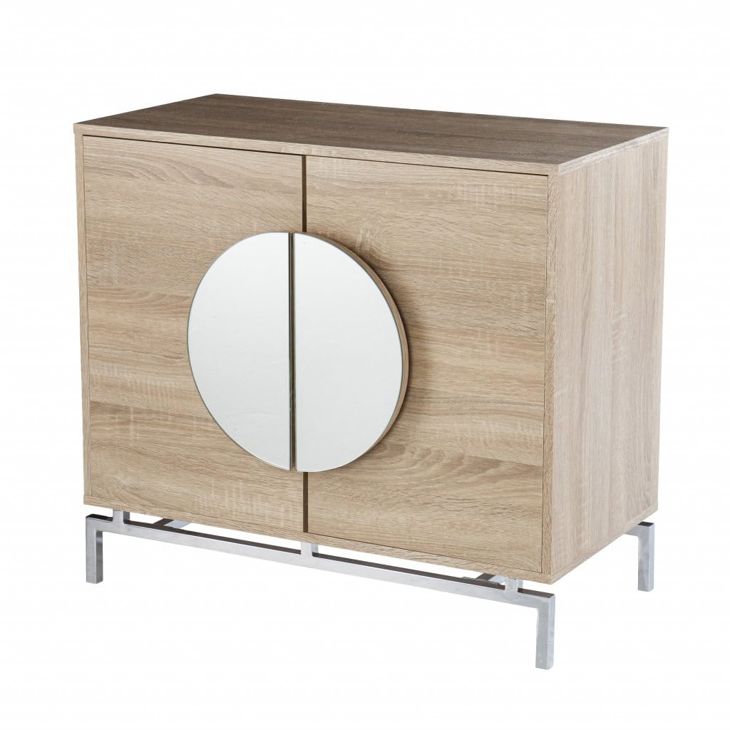 Natural and Chrome Mirrored Double Door Bar Cabinet 32 Inch 4 Natural and Chrome Mirrored Double Door Bar Cabinet 32 Inch - Image 4