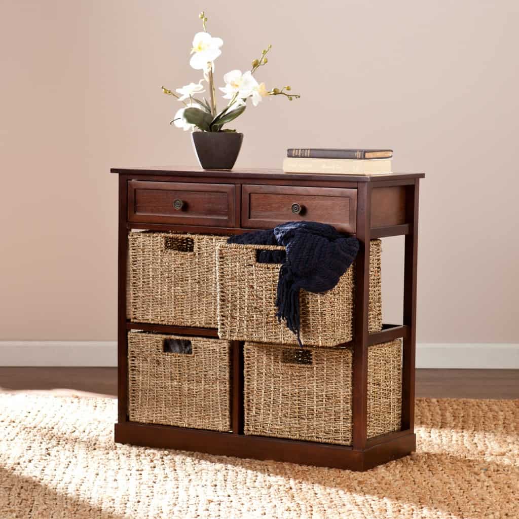 Mahogany and Seagrass Basket Storage Shelf with Drawers 3 Mahogany and Seagrass Basket Storage Shelf with Drawers - Image 3