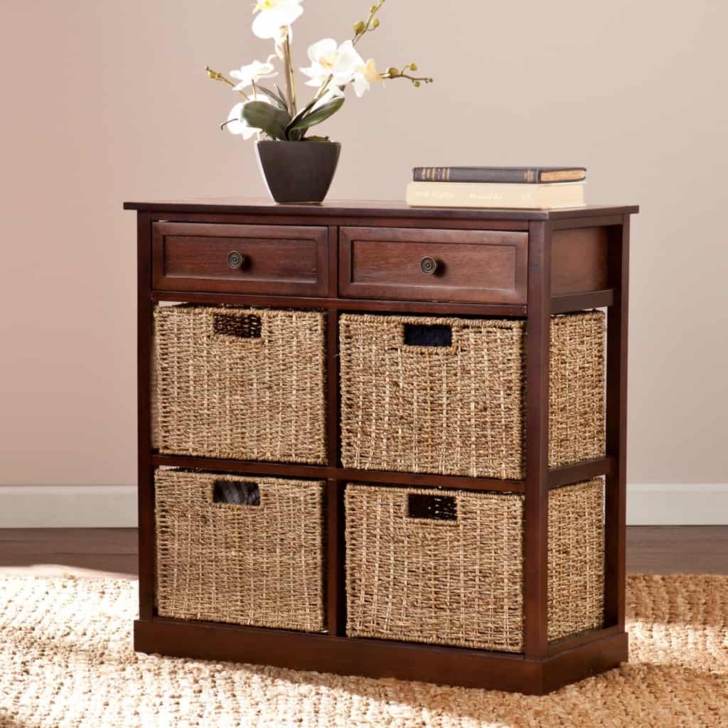 Mahogany and Seagrass Basket Storage Shelf with Drawers 4 Mahogany and Seagrass Basket Storage Shelf with Drawers - Image 4
