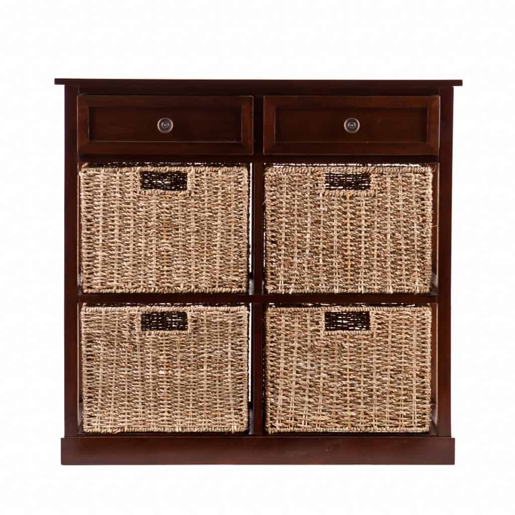 Mahogany and Seagrass Basket Storage Shelf with Drawers 2 Mahogany and Seagrass Basket Storage Shelf with Drawers - Image 2