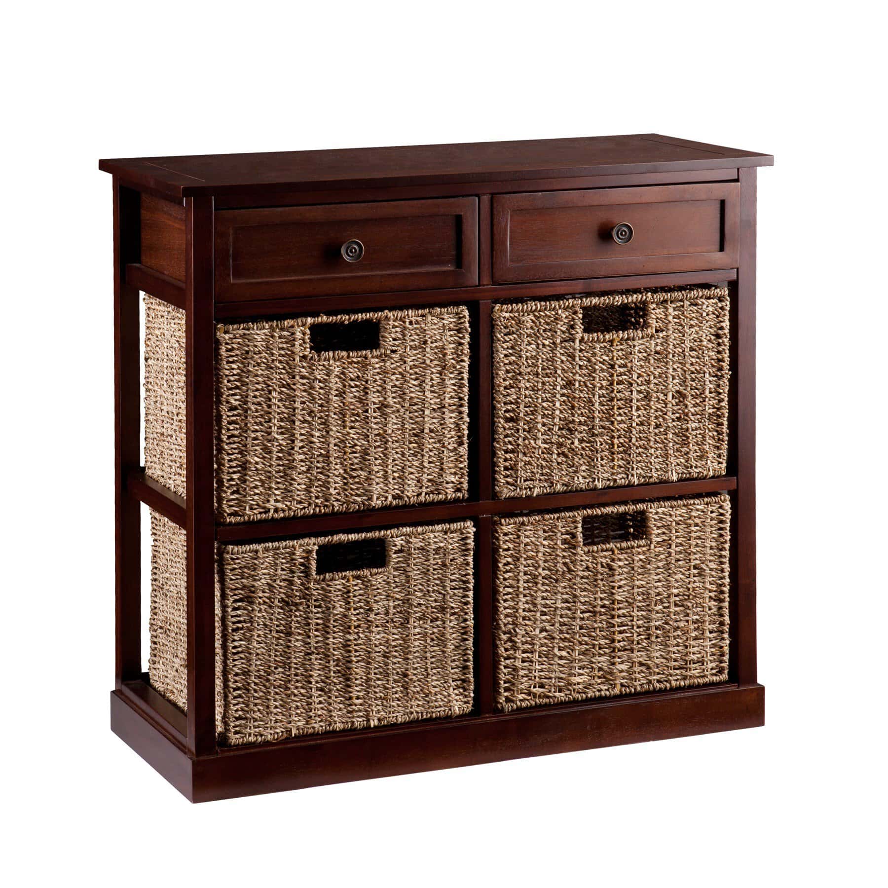 Mahogany and Seagrass Basket Storage Shelf with Drawers 1 Mahogany and Seagrass Basket Storage Shelf with Drawers
