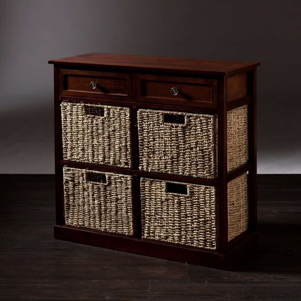 Mahogany and Seagrass Basket Storage Shelf with Drawers 5 Mahogany and Seagrass Basket Storage Shelf with Drawers - Image 5