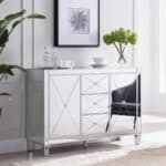 Silver Wood and Glass Credenza with Three Drawers and Doors 17 Silver Wood and Glass Credenza with Three Drawers and Doors