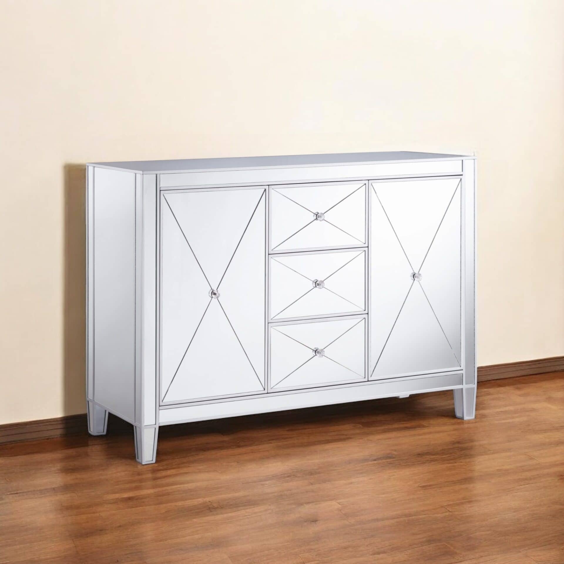 Silver Wood and Glass Credenza with Three Drawers and Doors 1 Silver Wood and Glass Credenza with Three Drawers and Doors