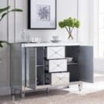 Silver Wood and Glass Credenza with Three Drawers and Doors 18 Silver Wood and Glass Credenza with Three Drawers and Doors