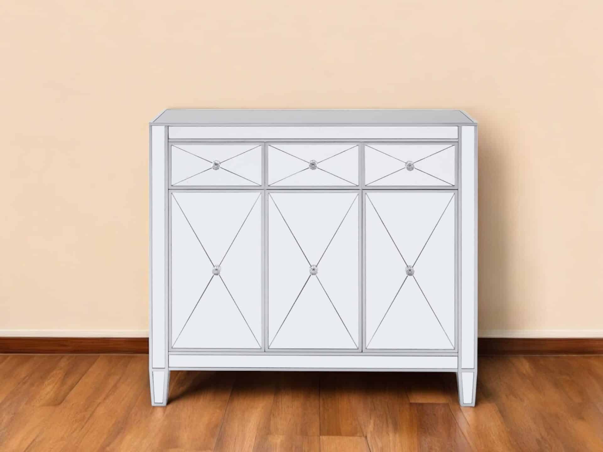 Silver Glass Sideboard with Three Drawers and Three Doors 1 Silver Glass Sideboard with Three Drawers and Three Doors