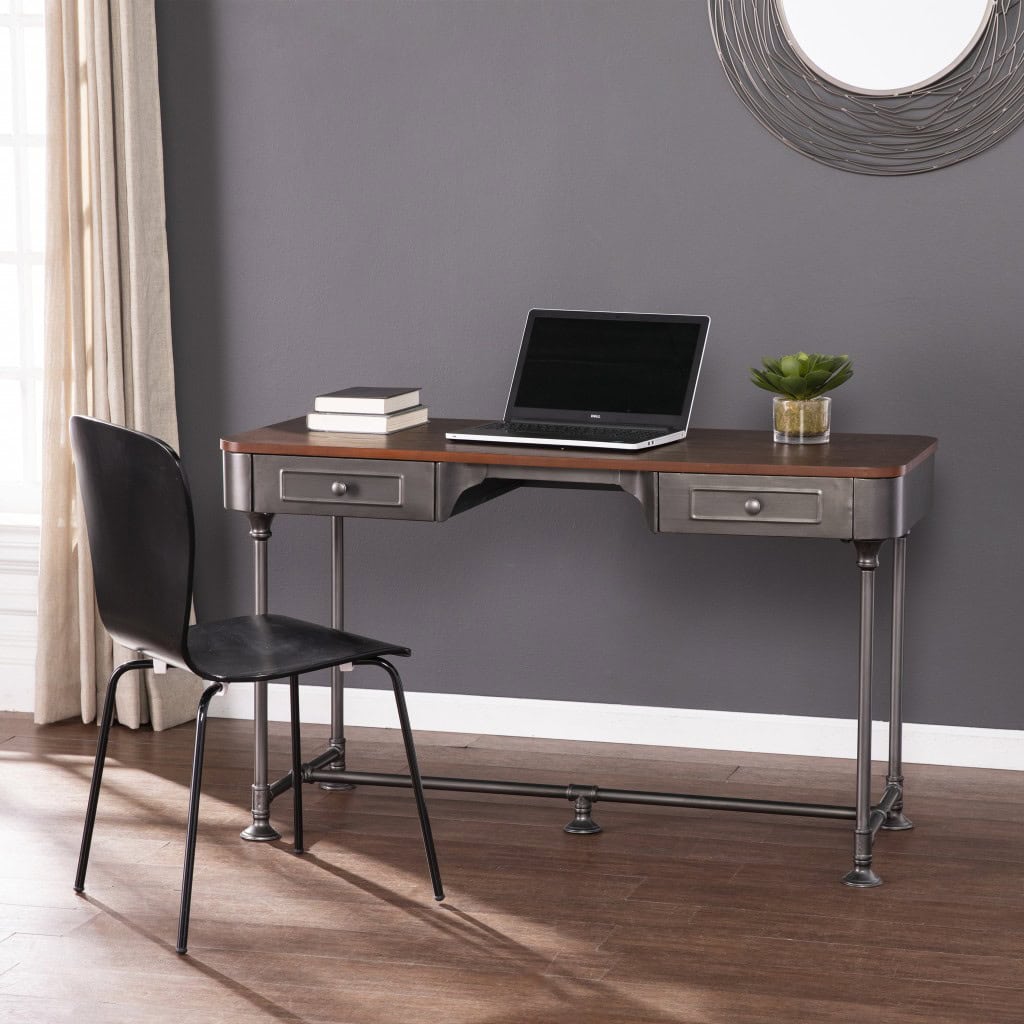 Brown and Silver Writing Desk with Two Drawers 50 Inch 6 Brown and Silver Writing Desk with Two Drawers 50 Inch - Image 6