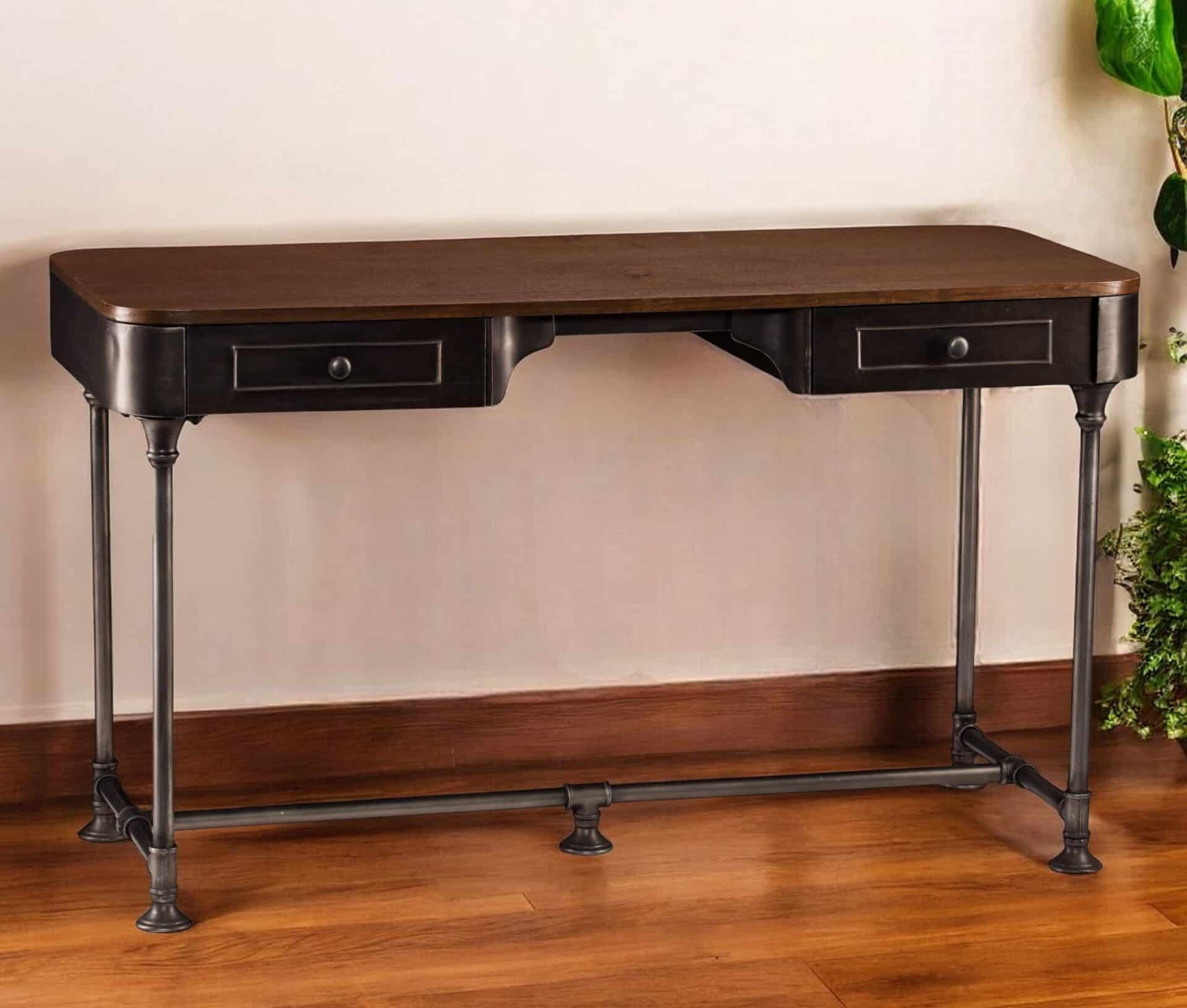 Brown and Silver Writing Desk with Two Drawers 50 Inch 1 Brown and Silver Writing Desk with Two Drawers 50 Inch