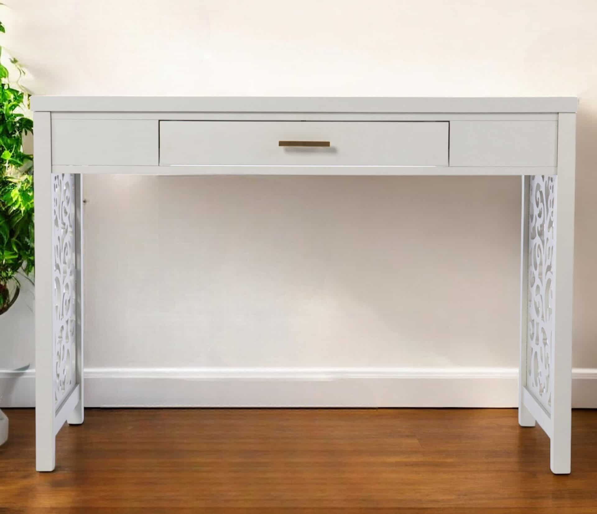 Gray Lattice Writing Desk with Storage and Space-Saving Design 1 Gray Lattice Writing Desk with Storage and Space-Saving Design