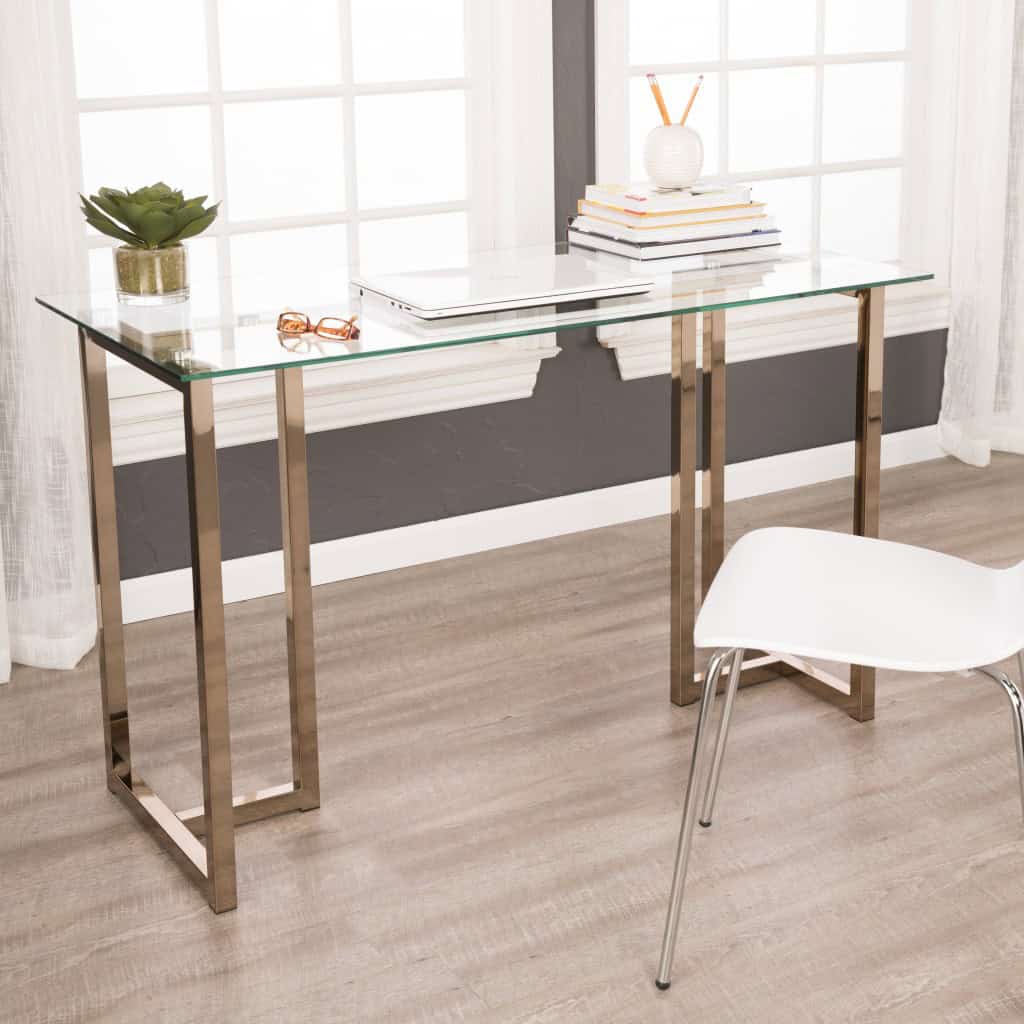 48 Inch Clear Glass and Champagne Metal Writing Desk 9 48 Inch Clear Glass and Champagne Metal Writing Desk - Image 9
