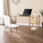 Gold Glass Writing Desk with Shelves and Accessory Rails 18 Gold Glass Writing Desk with Shelves and Accessory Rails