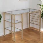 Gold Glass Writing Desk with Shelves and Accessory Rails 10 Gold Glass Writing Desk with Shelves and Accessory Rails