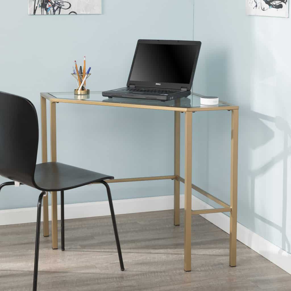 Gold Glass Corner Desk with Metal Base for Small Spaces 9 Gold Glass Corner Desk with Metal Base for Small Spaces - Image 9