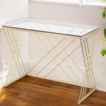 Clear and Gold Glass Writing Desk with Sled Base Design 9 Clear and Gold Glass Writing Desk with Sled Base Design