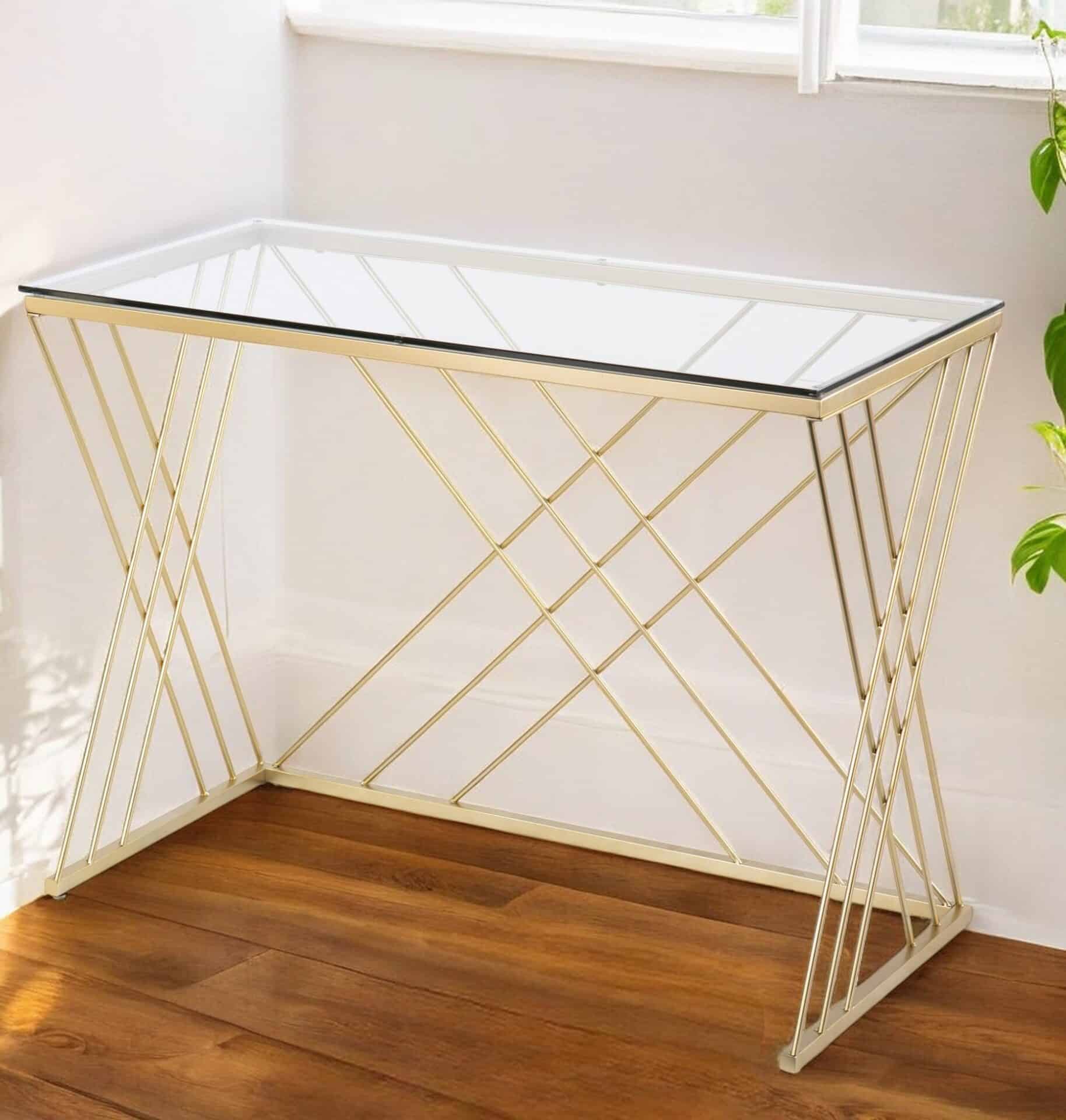 Clear and Gold Glass Writing Desk with Sled Base Design 1 Clear and Gold Glass Writing Desk with Sled Base Design