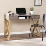 Gray and Gold Writing Desk With Drawers and Sleek X Base 16 Gray and Gold Writing Desk With Drawers and Sleek X Base