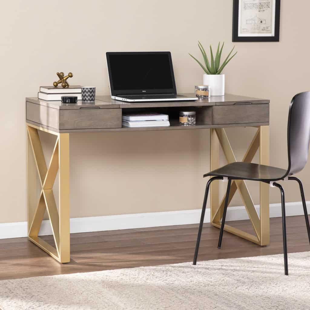 Gray and Gold Writing Desk With Drawers and Sleek X Base 7 Gray and Gold Writing Desk With Drawers and Sleek X Base - Image 7