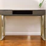 Gray and Gold Writing Desk With Drawers and Sleek X Base 10 Gray and Gold Writing Desk With Drawers and Sleek X Base