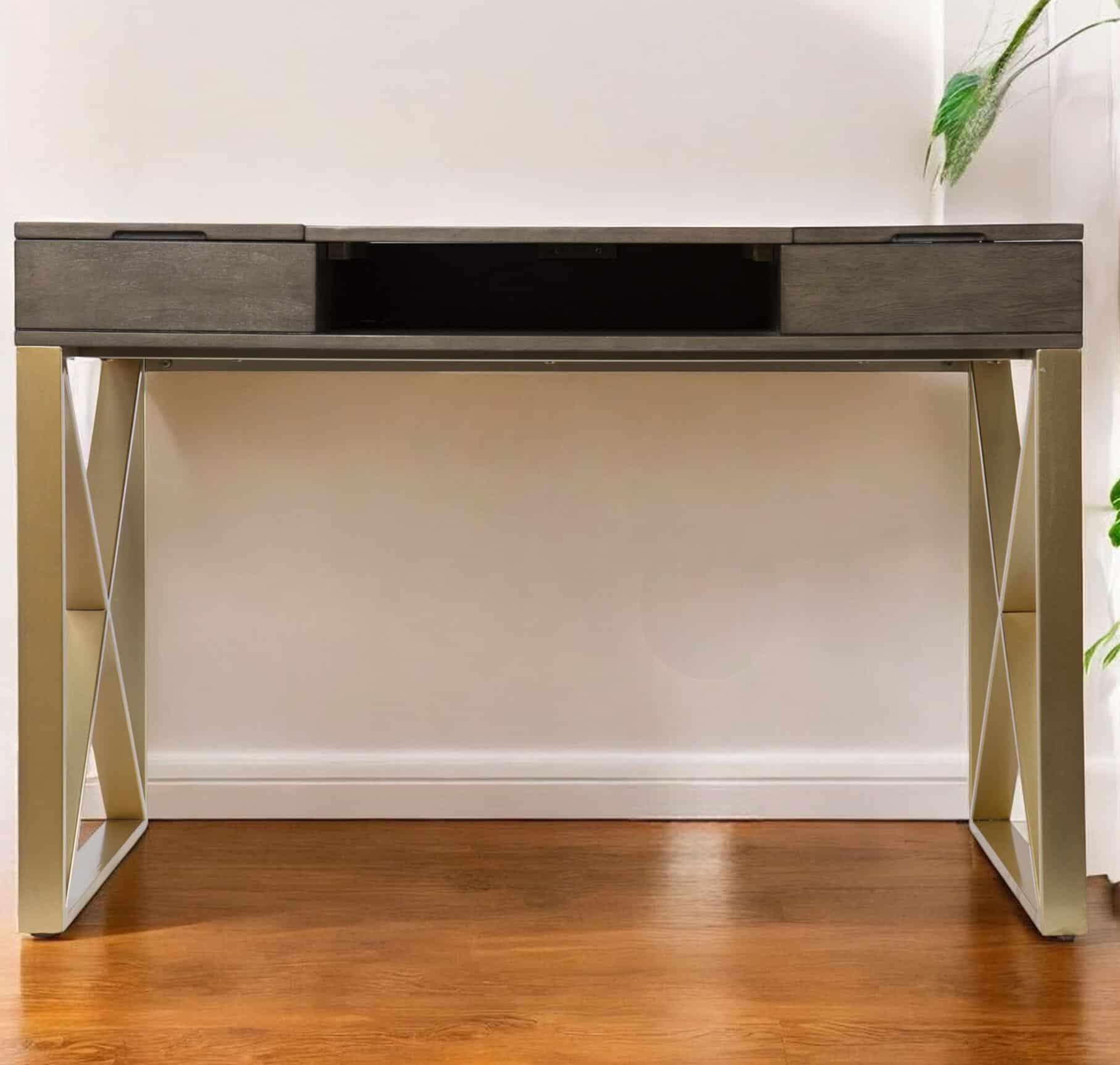Gray and Gold Writing Desk With Drawers and Sleek X Base 1 Gray and Gold Writing Desk With Drawers and Sleek X Base