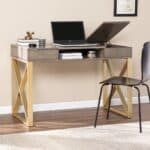Gray and Gold Writing Desk With Drawers and Sleek X Base 17 Gray and Gold Writing Desk With Drawers and Sleek X Base