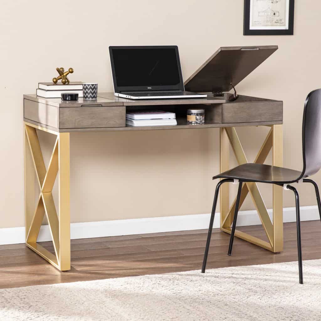 Gray and Gold Writing Desk With Drawers and Sleek X Base 8 Gray and Gold Writing Desk With Drawers and Sleek X Base - Image 8