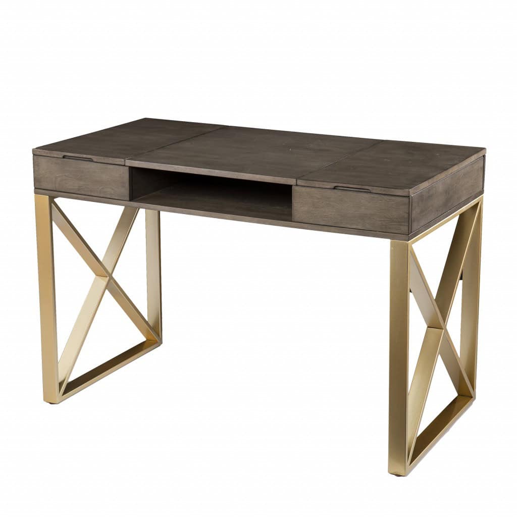 Gray and Gold Writing Desk With Drawers and Sleek X Base 3 Gray and Gold Writing Desk With Drawers and Sleek X Base - Image 3