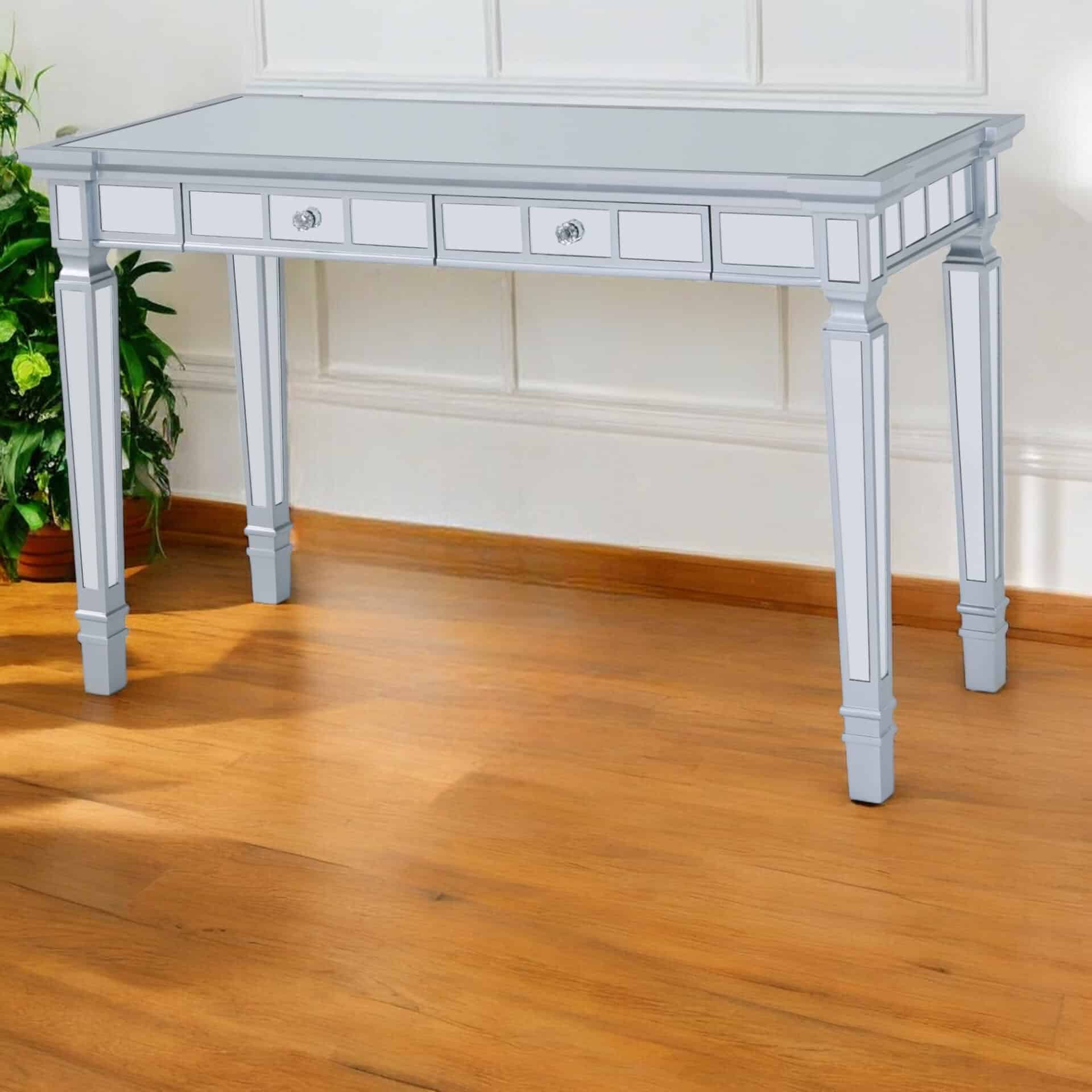 Silver Mirrored Writing Desk with Drawers 47 Inches Wide 1 Silver Mirrored Writing Desk with Drawers 47 Inches Wide