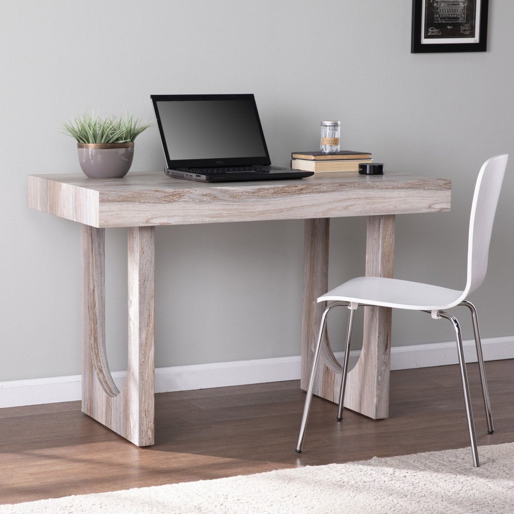 Brown Faux Marble Writing Desk with Geometric Base and Sled Design 7 Brown Faux Marble Writing Desk with Geometric Base and Sled Design - Image 7