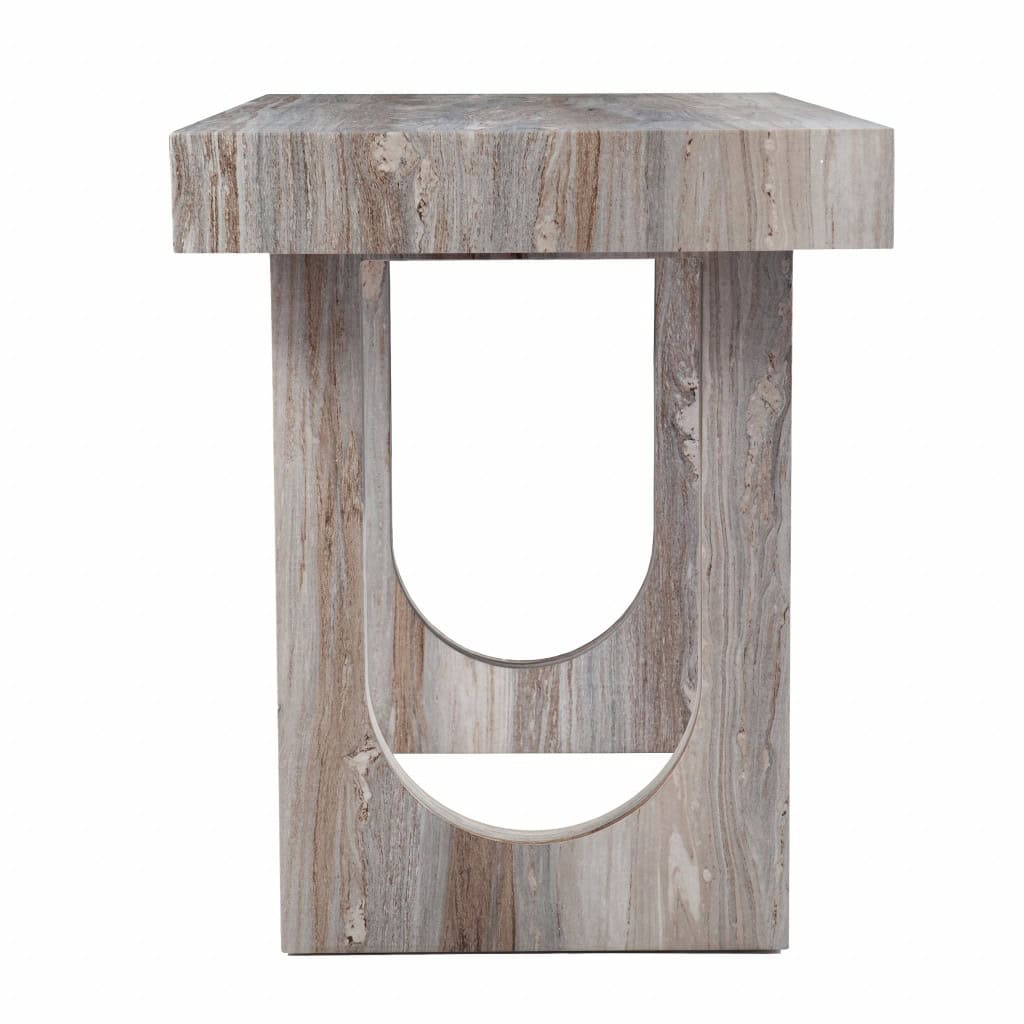 Brown Faux Marble Writing Desk with Geometric Base and Sled Design 4 Brown Faux Marble Writing Desk with Geometric Base and Sled Design - Image 4