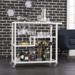 Gray and White Glass Rolling Bar Cart With Wine Storage