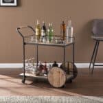 Reclaimed Wood and Black Iron Rolling Bar Cart With Wine Storage