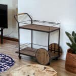 Reclaimed Wood and Black Iron Rolling Bar Cart With Wine Storage