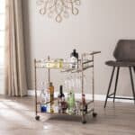 Champagne Metal Rolling Bar Cart With Mirrored Glass and Wine Storage