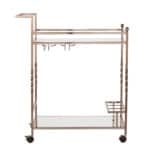Champagne Metal Rolling Bar Cart With Mirrored Glass and Wine Storage