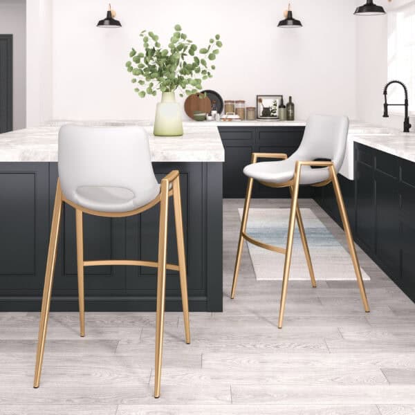 White & Gold Mid-Century Modern Barstool with Faux Leather (Set of 2)