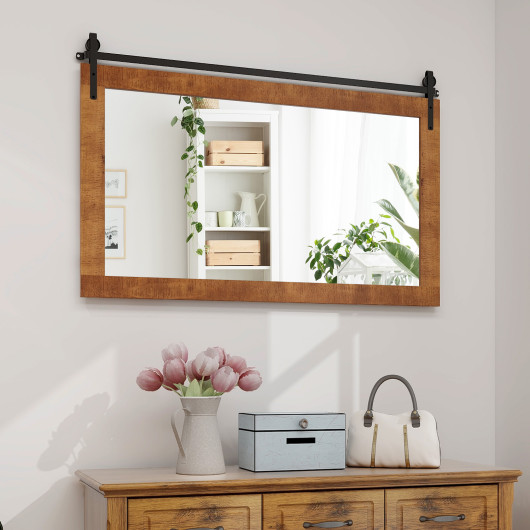 Farmhouse Barn Door Wall Mirror with Wood Frame and Bracket