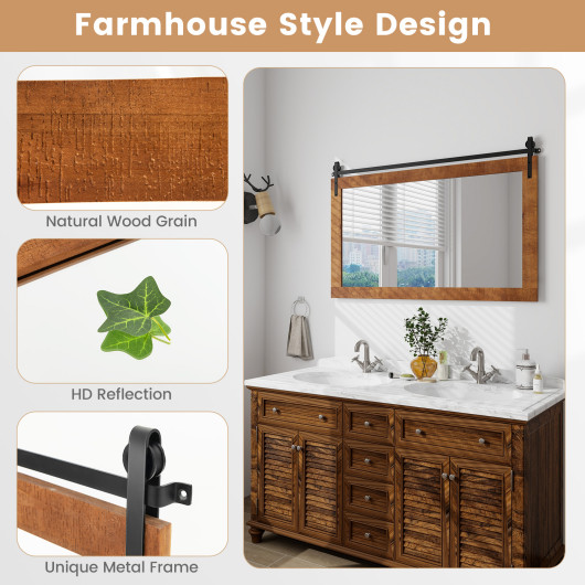 Farmhouse Barn Door Wall Mirror with Wood Frame and Bracket - Image 5