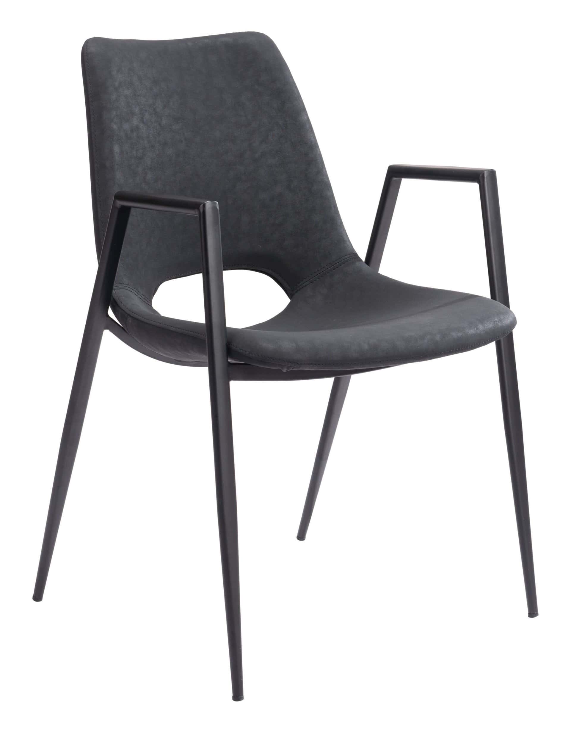 Black Faux Leather Dining Chair with Steel Frame and Armrests (Set of 2)