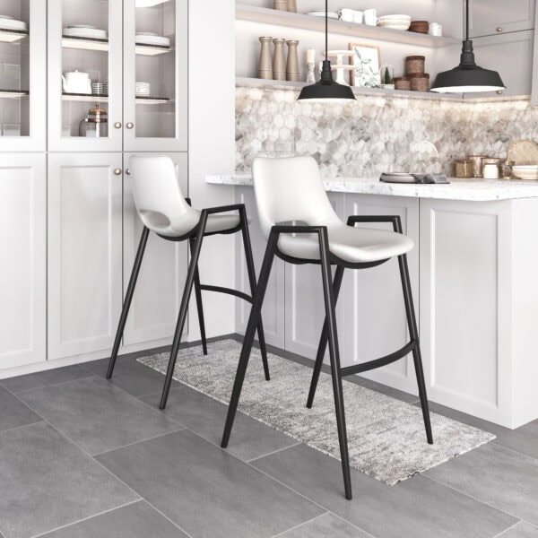White Faux Leather Barstool with Armrest and Footrest (Set of 2)
