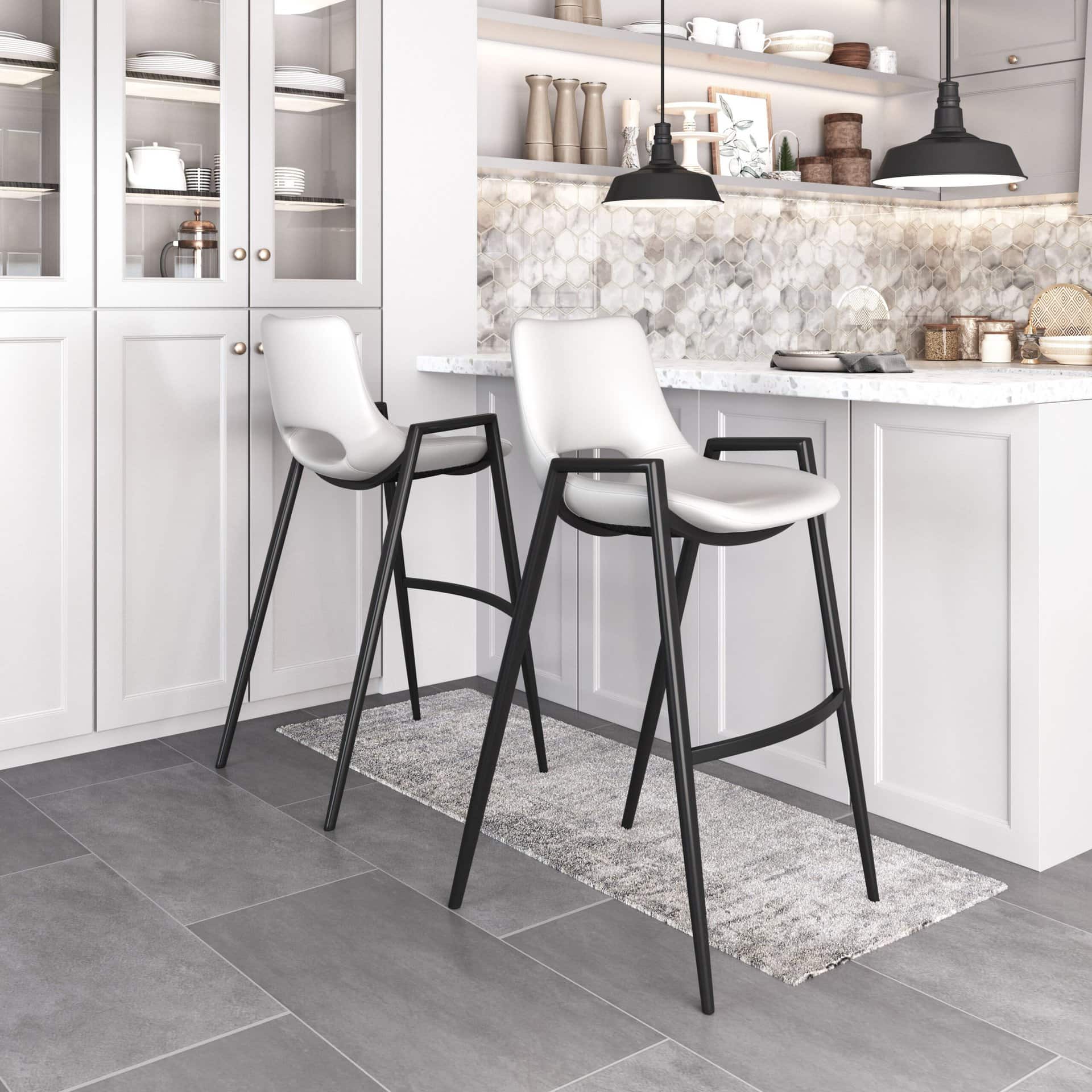 White Faux Leather Barstool with Armrest and Footrest (Set of 2)