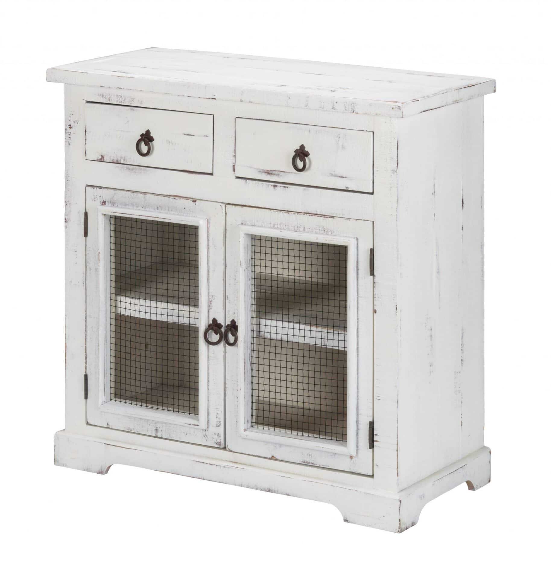 Rustic White Wood and Wire Two Door Accent Cabinet 1 Rustic White Wood and Wire Two Door Accent Cabinet
