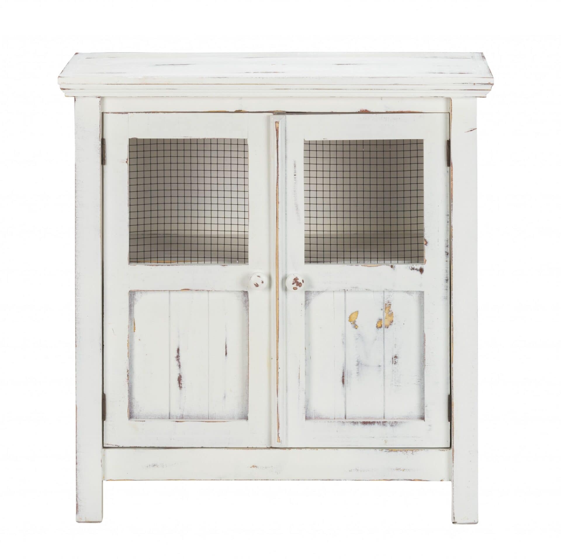 Rustic White Wood and Wire Farmhouse Two Door Accent Cabinet 3 Rustic White Wood and Wire Farmhouse Two Door Accent Cabinet - Image 3