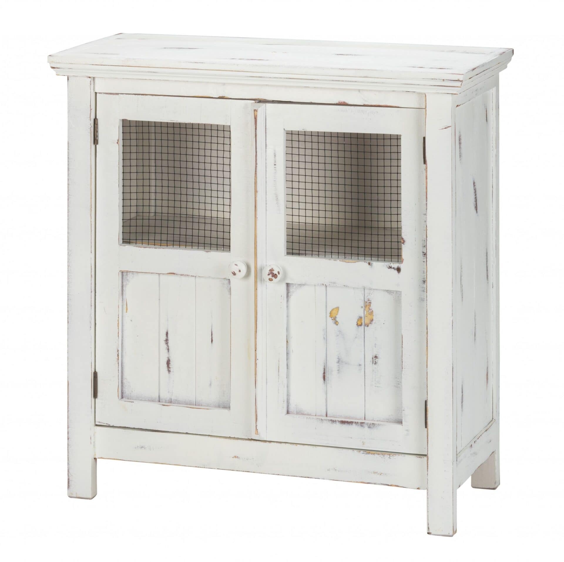 Rustic White Wood and Wire Farmhouse Two Door Accent Cabinet 1 Rustic White Wood and Wire Farmhouse Two Door Accent Cabinet